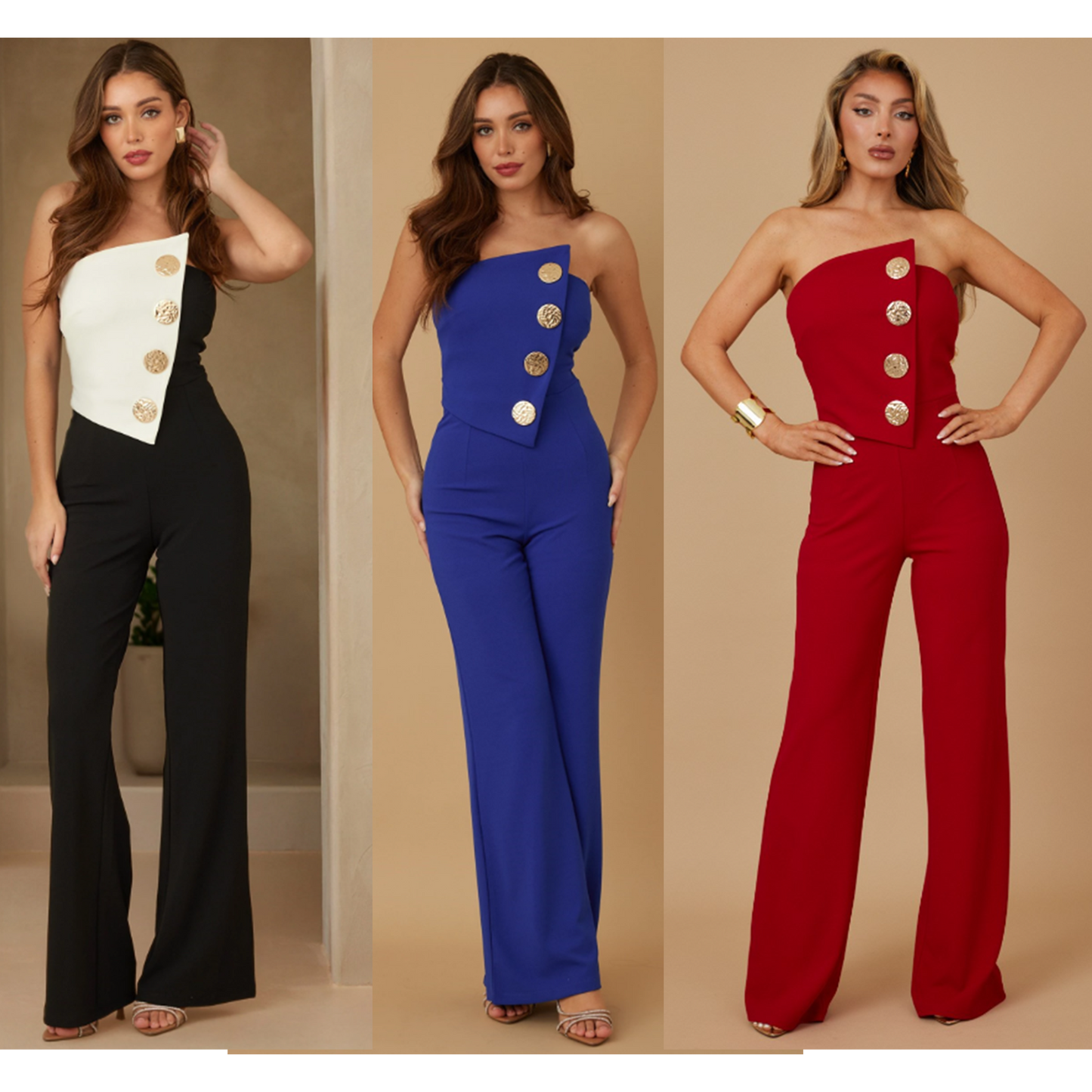 OFF SHOULDER BUTTON TRIM DETAILED FASHION JUMPSUIT - OVERLAP DETAIL, SLEEVELESS, ZIPPER IN THE BACK