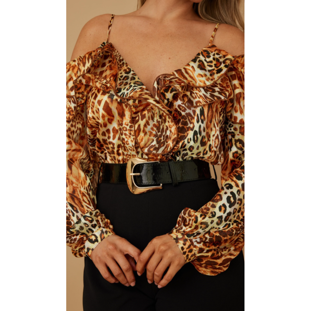 Animal print ruffle detailed top fashion romper - buckle belt detail, long sleeve, off shoulder, zipper in the back