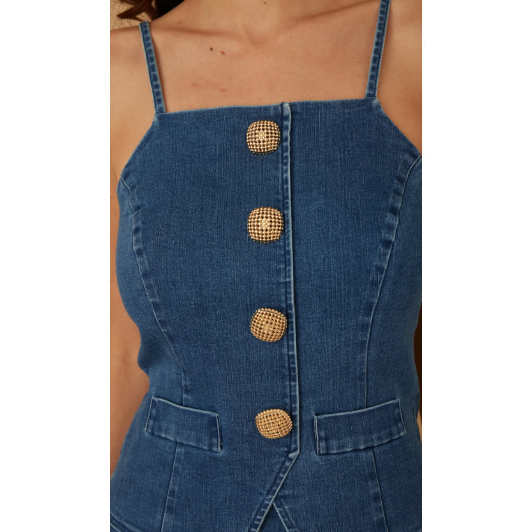 TWO PIECE DENIM SETS - SPAGHETTI ADJUSTABLE STRAPS - FULL ZIPPER ON THE BACK - PEARL SQUARED BUTTON UP STONES - SOLID DENIM PANTS WITH ZIPPER