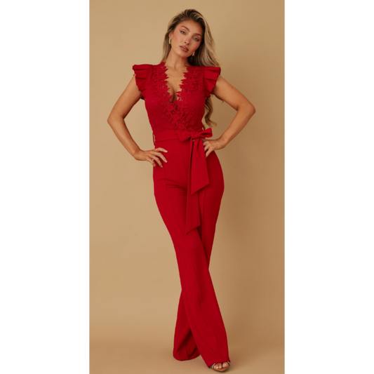 Lace and crochet top Jumpsuit-Flare cap sleeve, belt detail, stretchy
