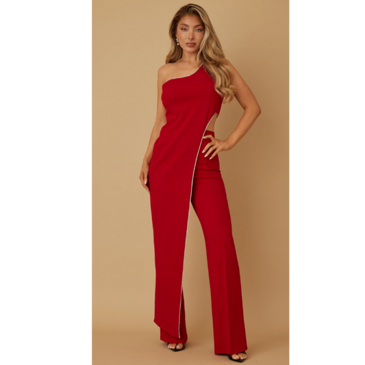 Maxi two-piece rhinestone sets - one sided draped layer with rhinestone trim - one shoulder strap with zipper on the side - rhinestone edges from top side to bottom - uneven angled draped layer top - zipper on pants waist