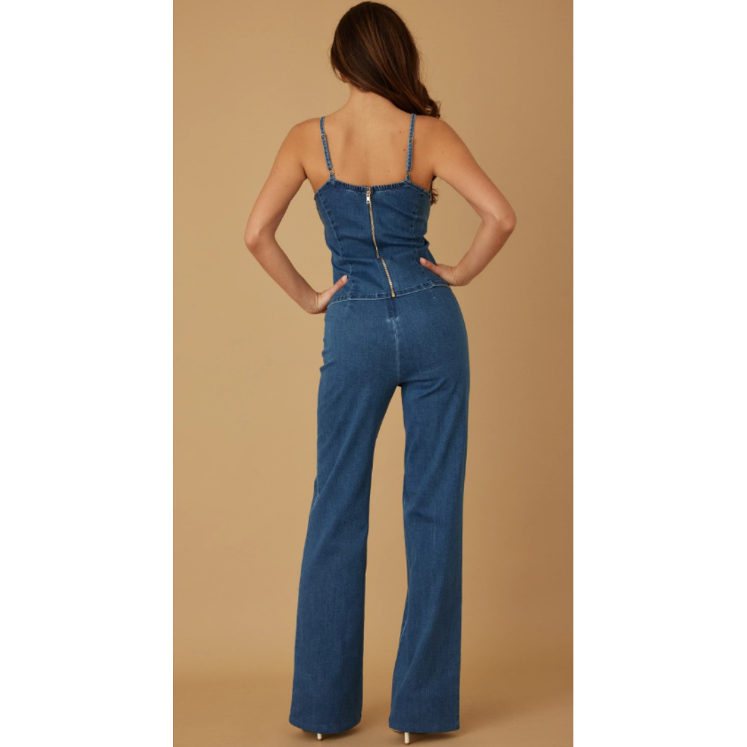 TWO PIECE DENIM SETS - SPAGHETTI ADJUSTABLE STRAPS - FULL ZIPPER ON THE BACK - PEARL SQUARED BUTTON UP STONES - SOLID DENIM PANTS WITH ZIPPER
