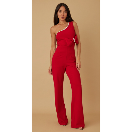 Bow open half shoulder fashion jumpsuit - half open sleeve contents & care - self: 95% polyester 5% spandex