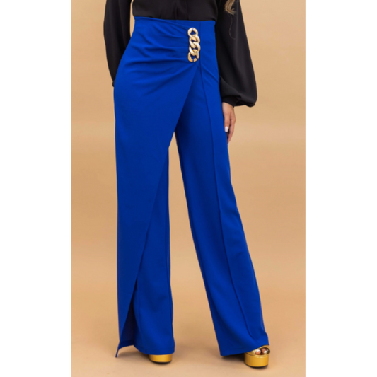 Overlap detailed fashion high waist pants - chain hardware detail on the waist, zipper in the back