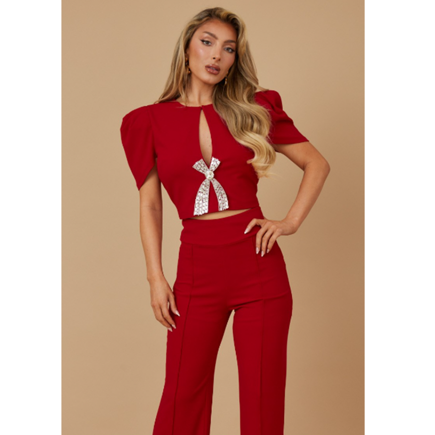 2PCS SET HIGH WAIST PANTS & FASHION CROP TOP WITH BOW HARDWARE TRIM DETAIL - SLIT DETAIL, SHORT SLEEVE, ZIPPER IN THE BACK