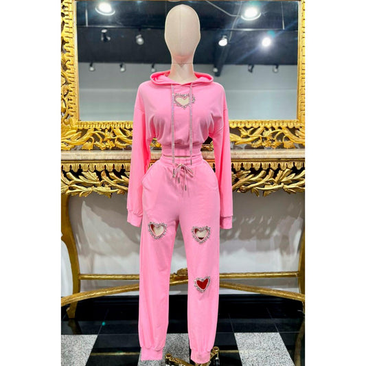 LADIES SET HOODIE & PANTS WITH HEART SHAPED CUT OUT WITH RHINESTONES