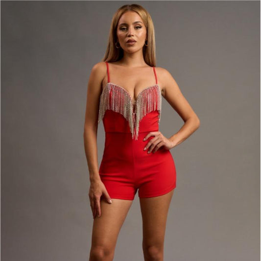 LUXE RHINESTONE FRINGE DEEP V-NECK BODYCON ROMPER