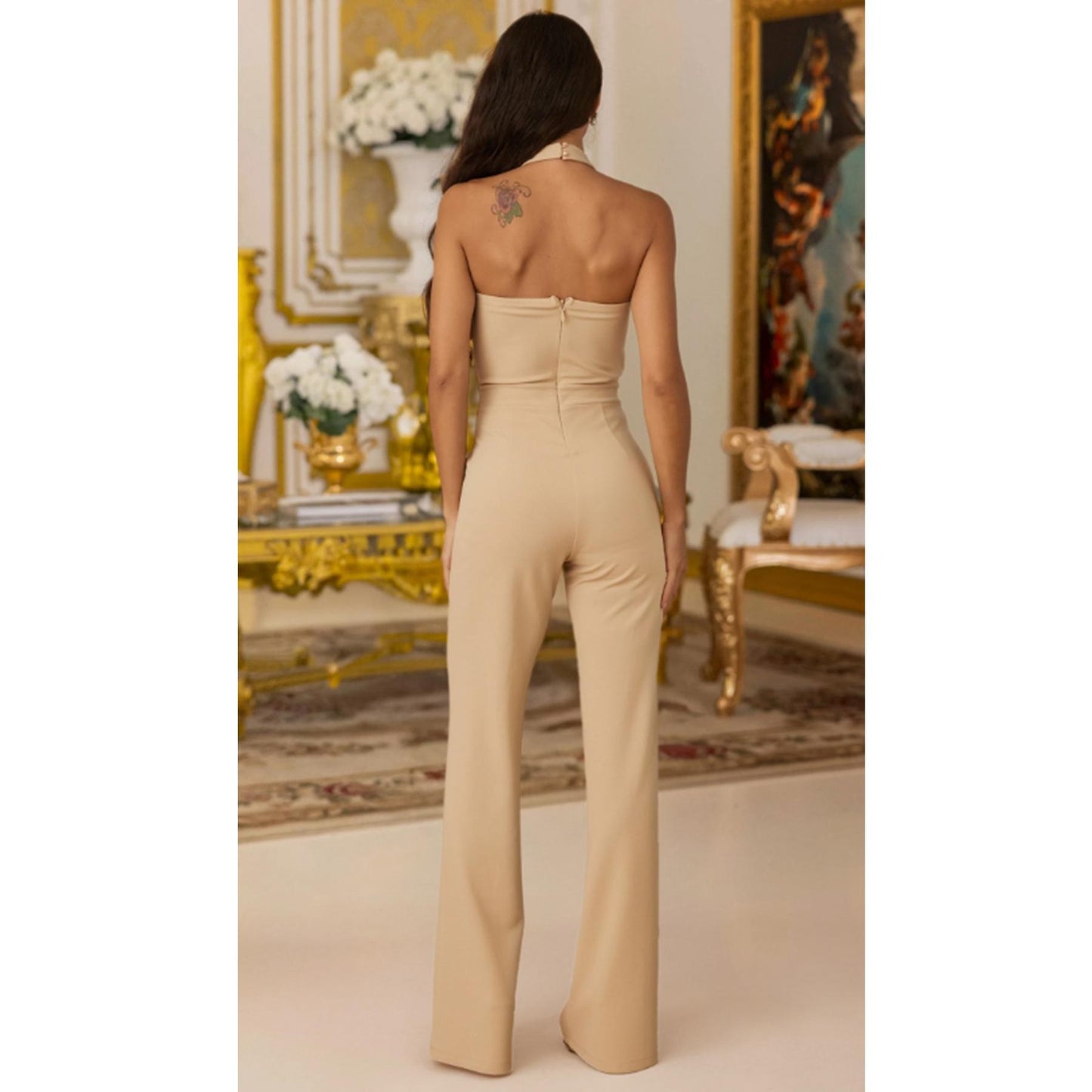 THIN HALTER RIBBON EMRBOIDED WITH SMALL RHINESTONE DETAIL JUMPSUIT