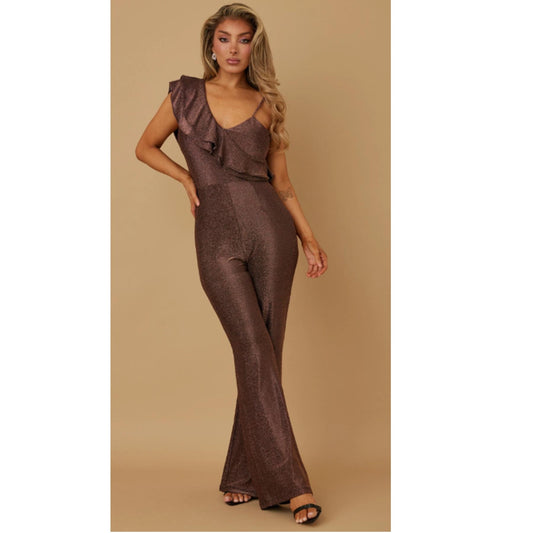 DIAGONAL RUFFLE DOWN FASHION SHINY JUMPSUIT - SLEEVELESS (VERY STRETCHY)