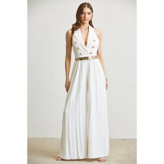 JUMPSUIT  - SOLID, WOVEN FABRIC TOP BODICE - PLEATED CHIFFON WIDE-LEG PANTS