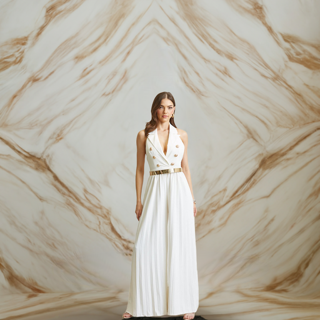 JUMPSUIT  - SOLID, WOVEN FABRIC TOP BODICE - PLEATED CHIFFON WIDE-LEG PANTS