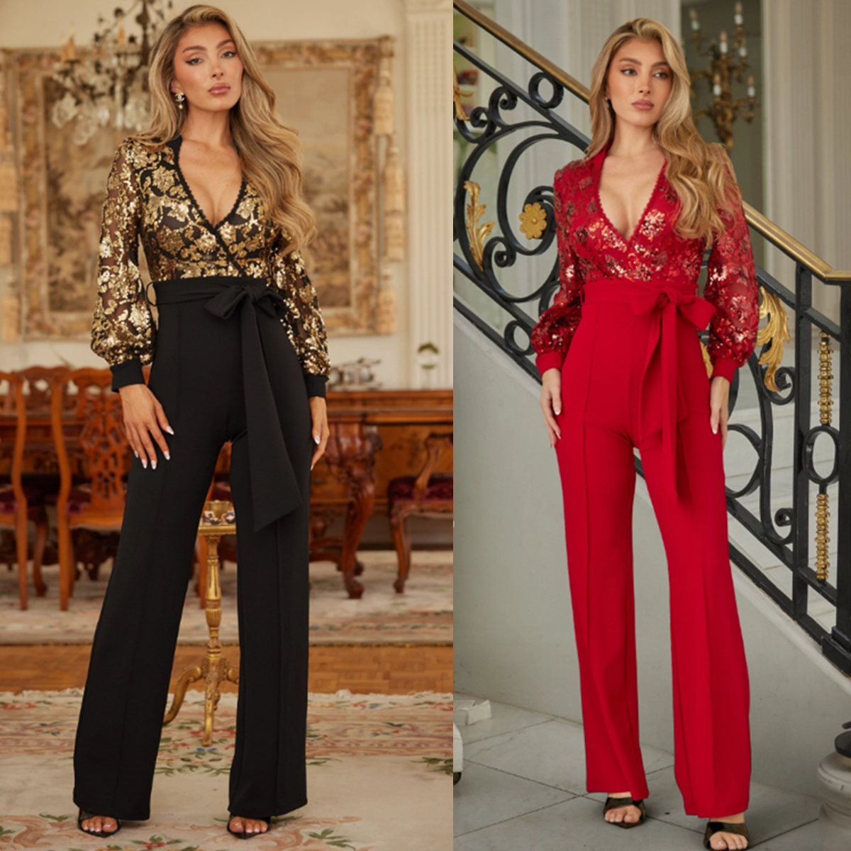 SEQUIN FLOWER PRINT JUMPSUIT - DEEP V WITH MESH DETAIL LONG SLEEVE - COLORED SEQUINS / ADJUSTABLE BELT BOW ON WAIST - ZIPPER ON BACK -AUTUMN, WINTER, EVENINING OUTFITS