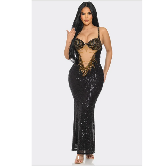 SEQUIN CUT OUT MERMAID MAXI DRESS BLACK Comfort Formal Elegant Sexy